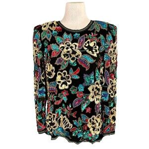 Vintage A.J. Bari Beaded Sequin Floral Blouse 80s Women's 12